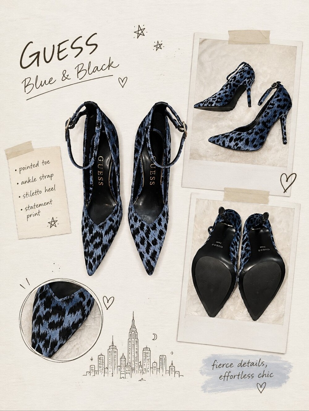 GUESS Blue and Black Leopard-Pattern Pointed Ankle-Strap Heels
